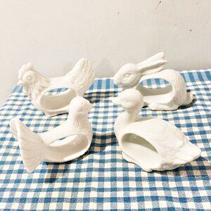 Shafford Set of 4 Napkin Rings Holders Porcelain Bird, Hen,  Duck, Bunny Rabbit